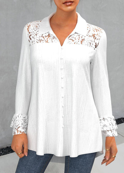 Lace Stitching Turndown Collar White Blouse