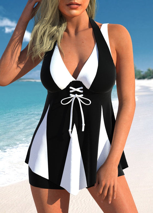 Lace Up Contrast Black Swimdress Top