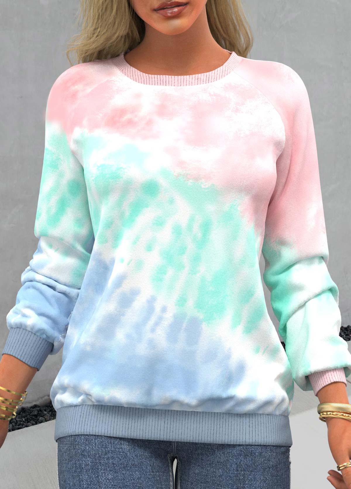 Ombre Tie Dye Print Pink Long Sleeve Sweatshirt