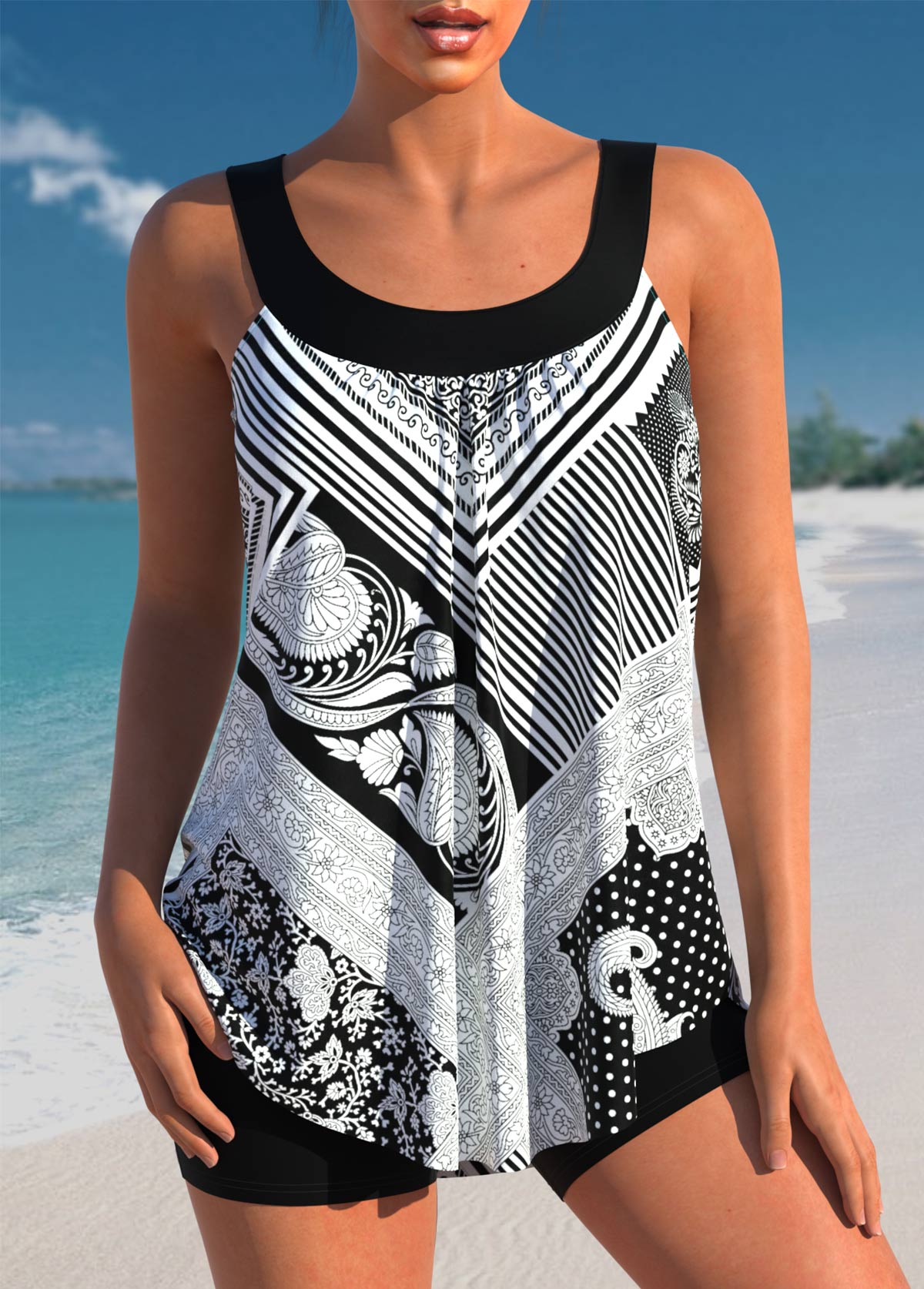 Tribal Print Black Striped Tankini Top