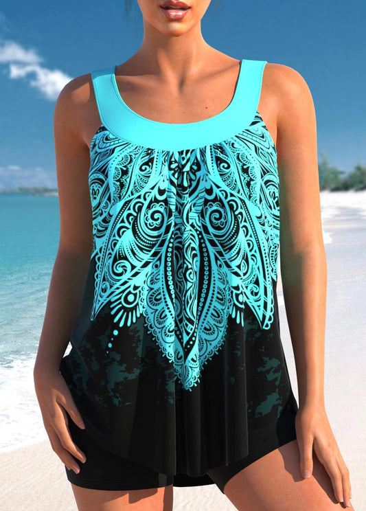 Tribal Print Cyan Wide Strap Tankini Top