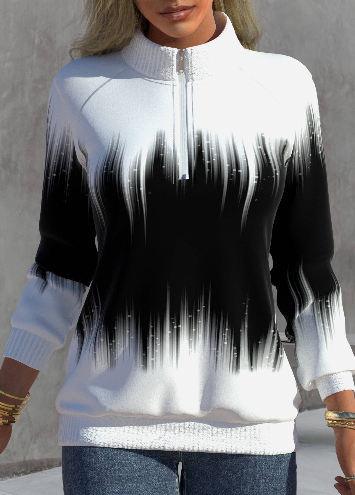 Zipper Ombre Black High Neck Long Sleeve Sweatshirt