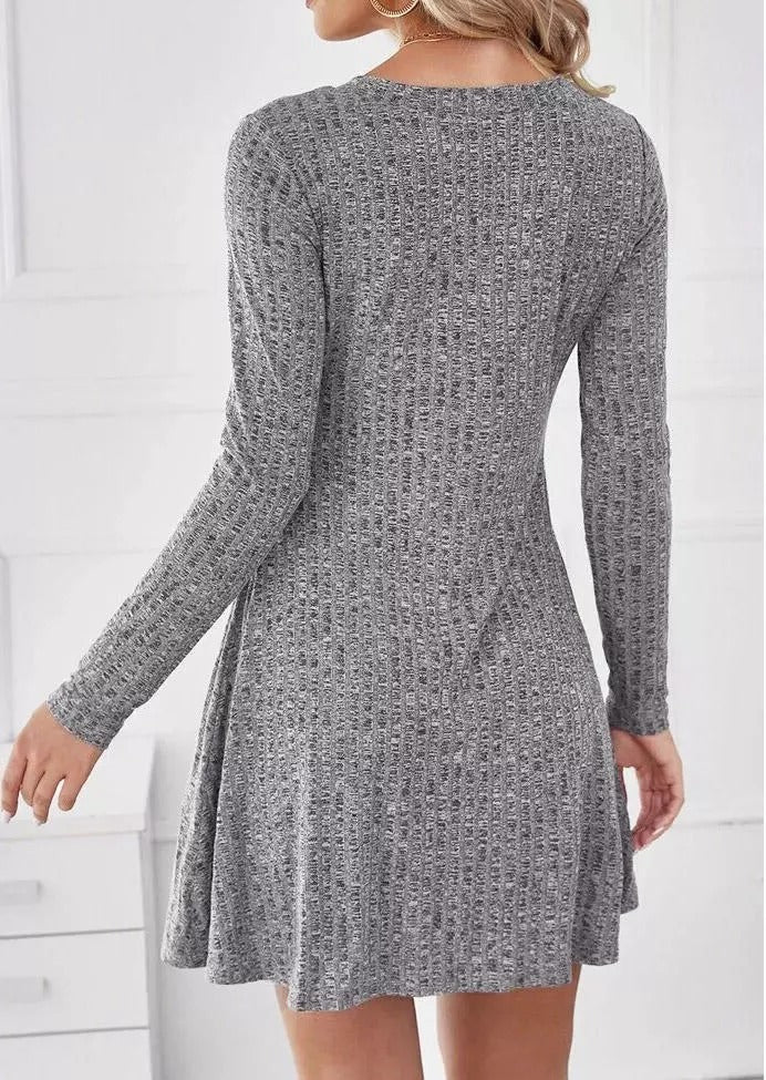 Button Long Sleeve V-Neck Mini Dress