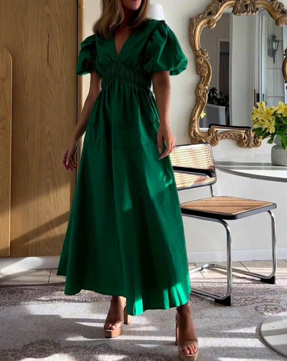 Green v-neck bubble sleeve dress