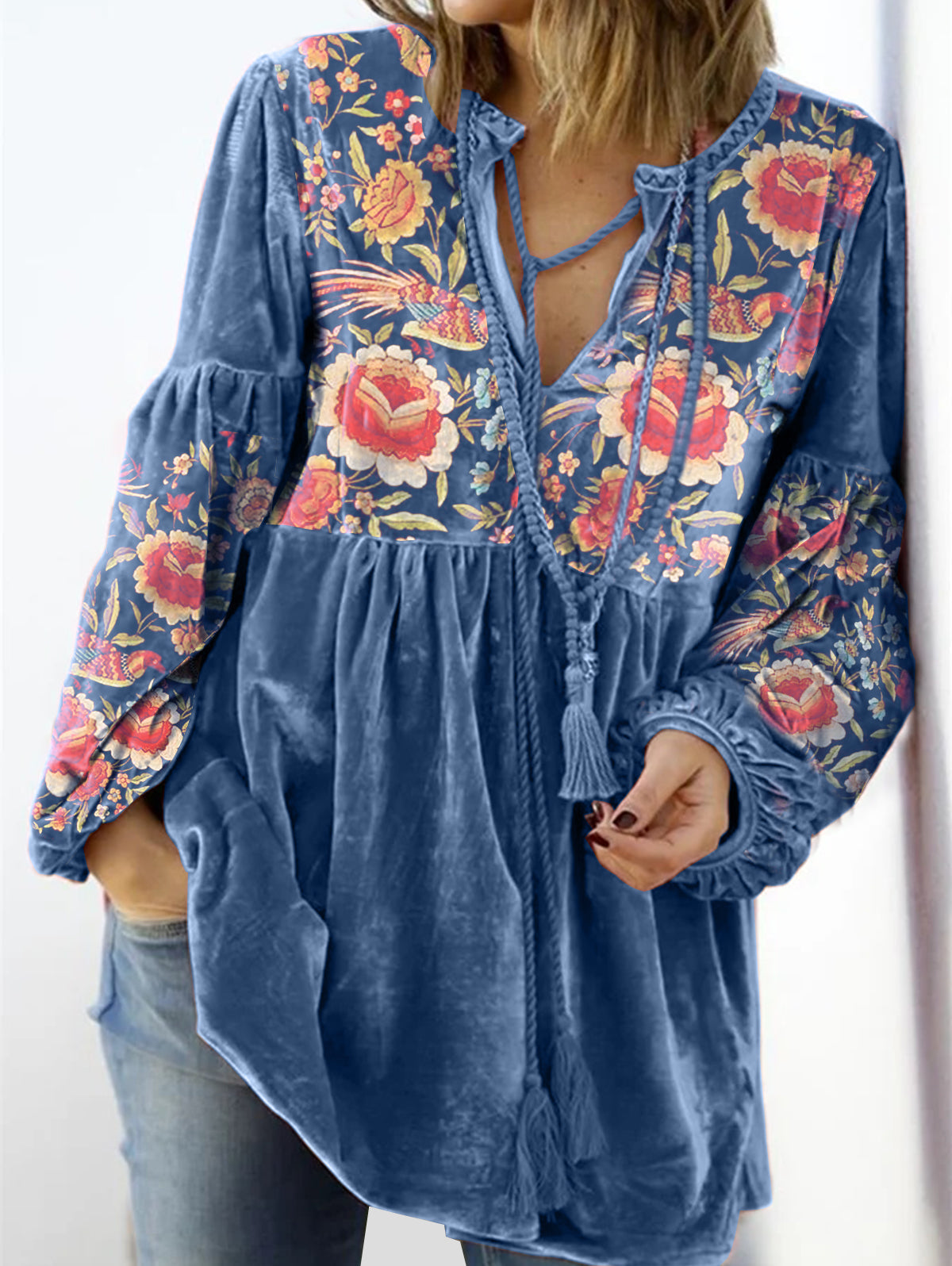 V Neck Tie Front Gathered Floral Top