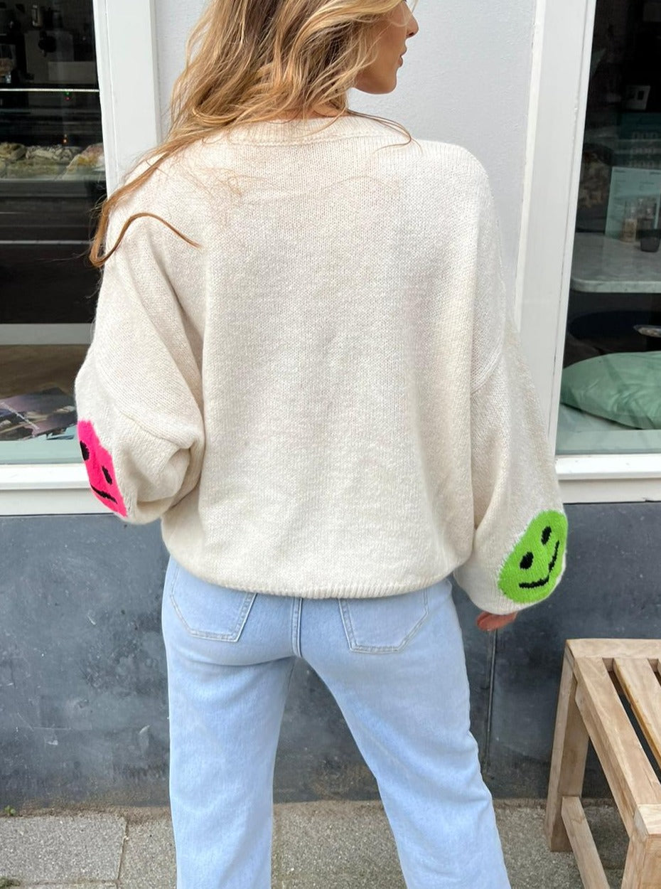 SMILEY FACE KNIT DROPPED SHOULDERS LOOSE PULLOVER SWEATER