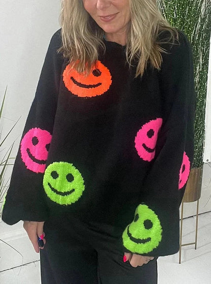 SMILEY FACE KNIT DROPPED SHOULDERS LOOSE PULLOVER SWEATER