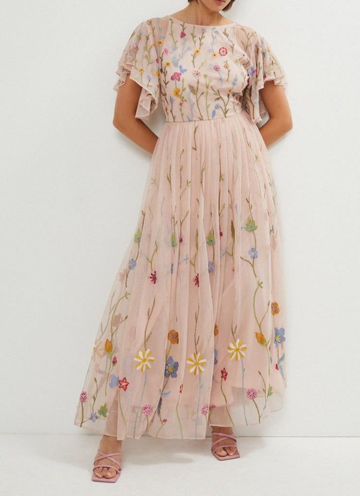 Spring Flute Sleeve Maxi Dress