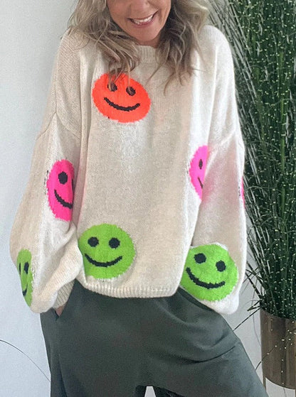 SMILEY FACE KNIT DROPPED SHOULDERS LOOSE PULLOVER SWEATER