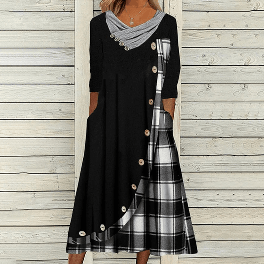 Grid Long Sleeves Long Maxi Dress