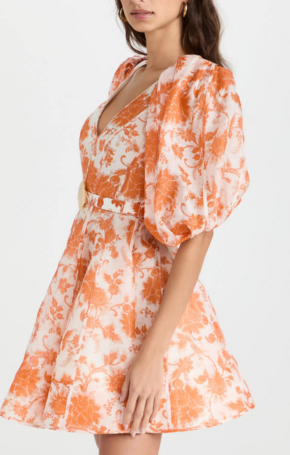 Postcard Puff Sleeve Mini in Orange Tonal Floral Dress