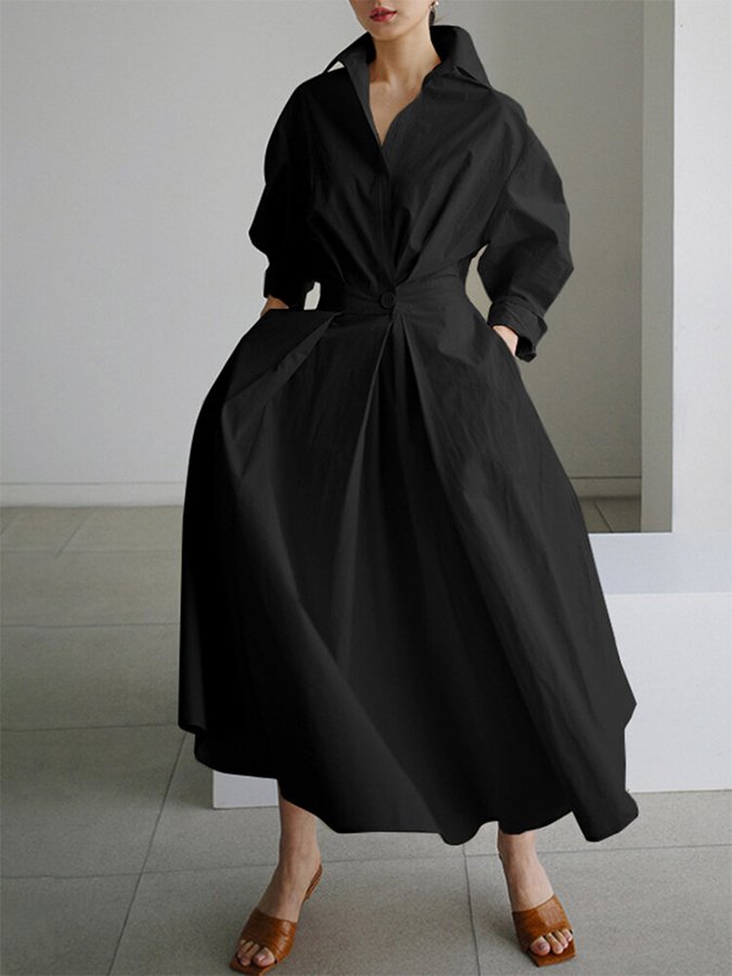 Black Fold Over Collar Side Pocket Maxi Dress