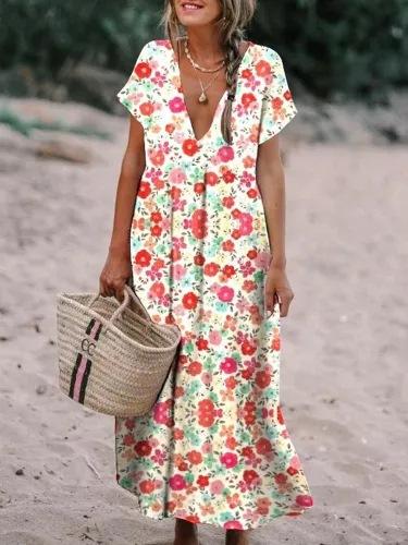 Floral Print V-Neck Short Sleeve Maxi Dress