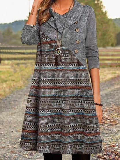 Overlapping Neck Printed Long Sleeve Midi Dress