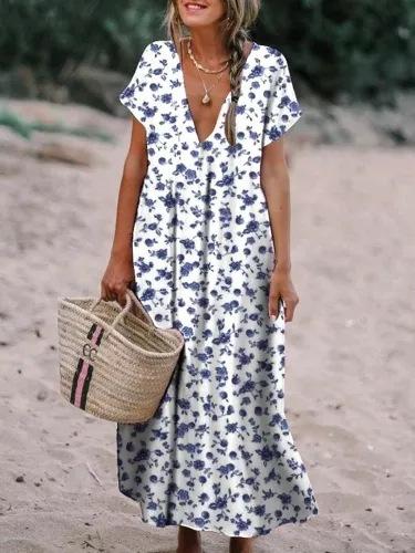 Floral Print V-Neck Short Sleeve Maxi Dress