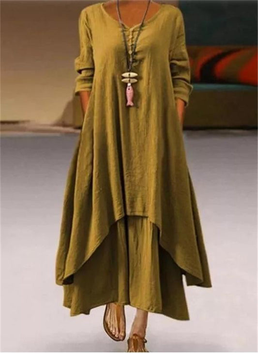 Solid Color Layered Hem Long Sleeve Dress