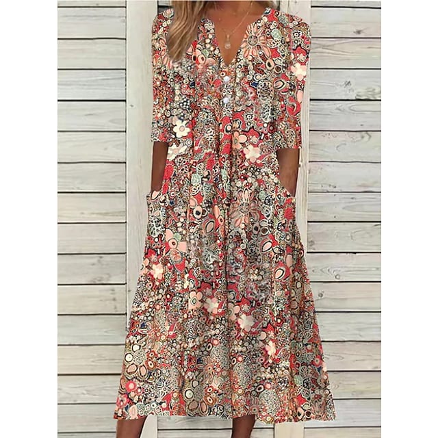 Red Floral Print Half Sleeve Midi Dress