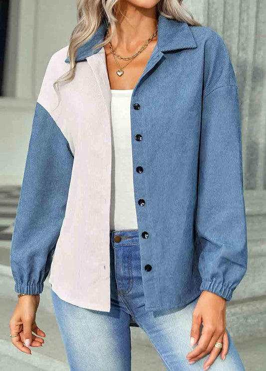 Dusty Blue Button Long Sleeve Shirt Collar Blouse