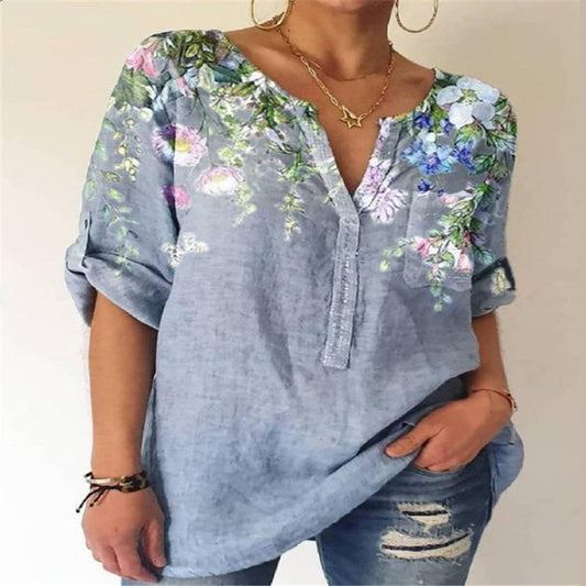 Loose Print V-Neck 3/4 Sleeve Top