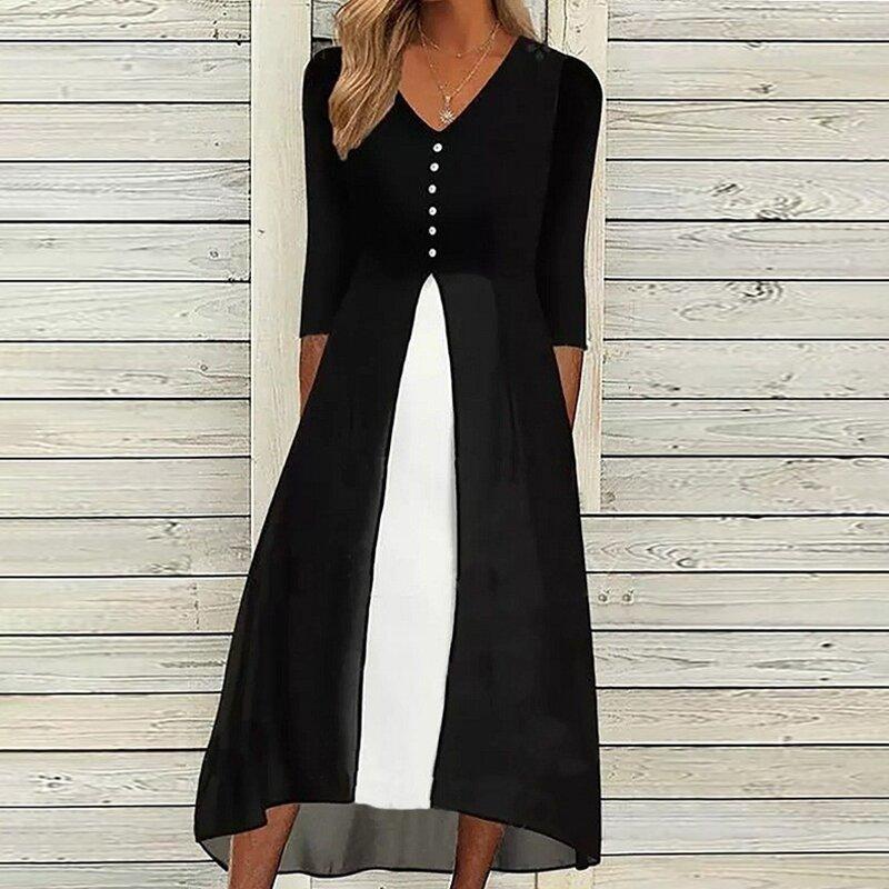 Paneled V-Neck Buttoned 3/4 Sleeve Dress