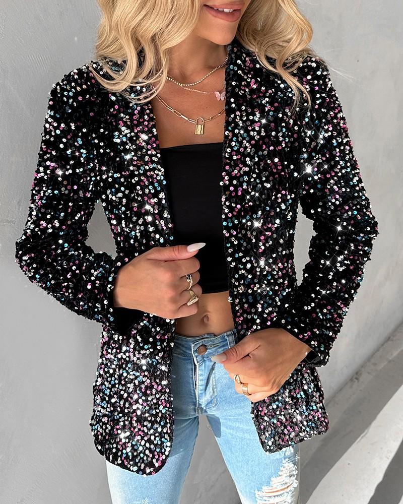 Long Sleeve Shawl Neck Sequin Blazer