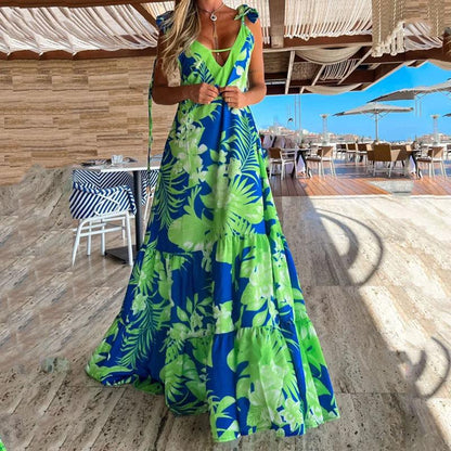 Printed V-neck Strappy Maxi Dress