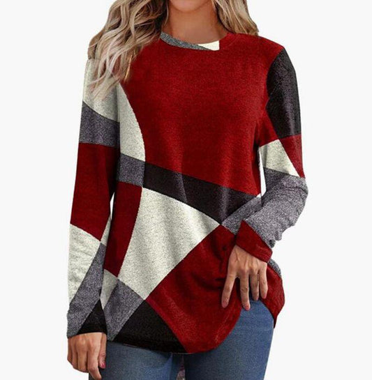 Geometric Contrast Print Long Sleeve Oversized T-Shirt