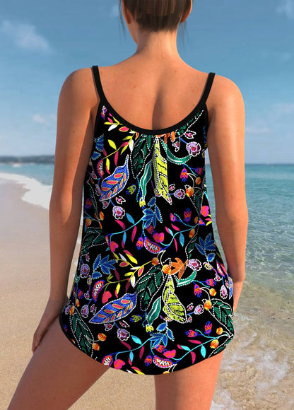 Black Spaghetti Strap Floral Print Tankini Set