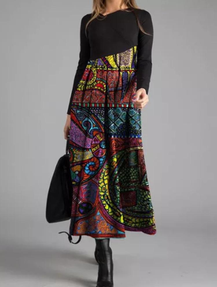 Vintage Print Long Sleeve A-Line Dress