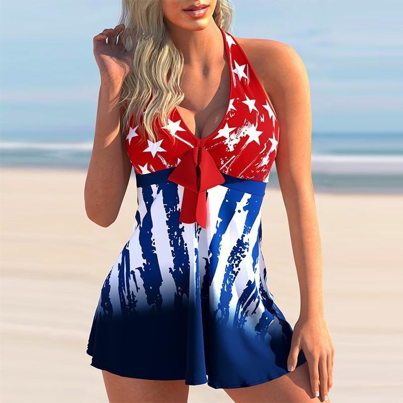 Red Star Blue Striped Print Swimdress Set