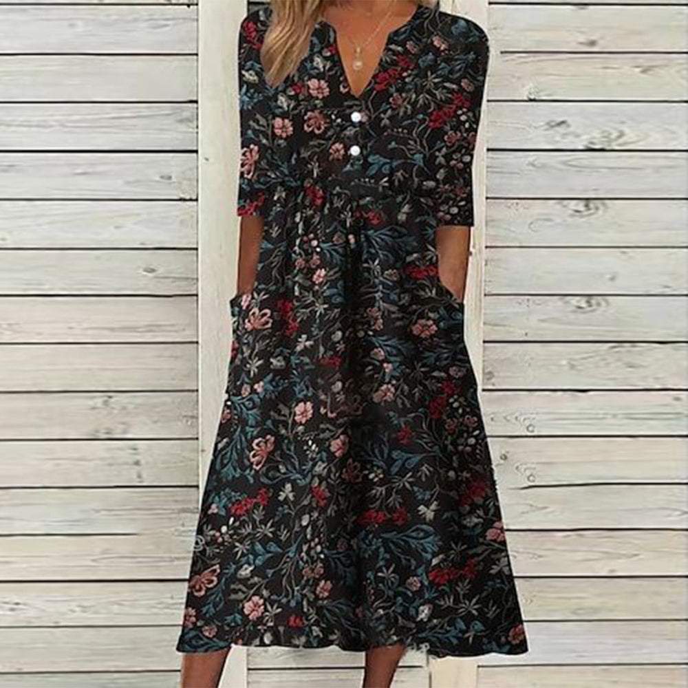 Cool Black Floral Side Pocket Midi Dress