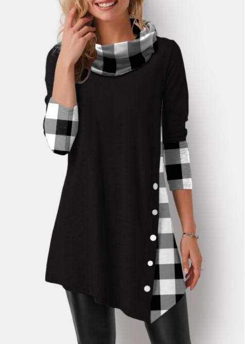 Plaid Long Sleeve Asymmetric Hem Lapel Top