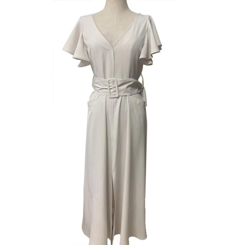 V-neck Solid Color Ruffled Sleeve Maxi Dress