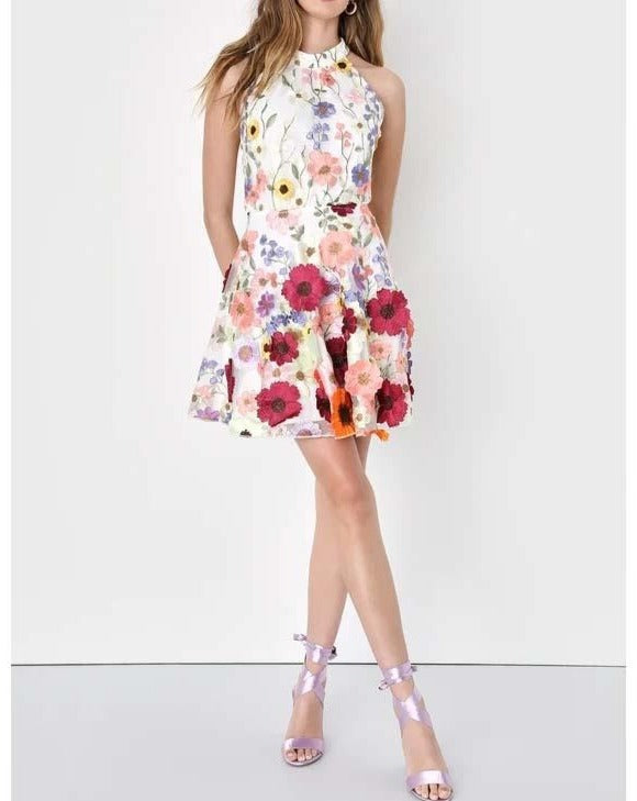 Floral neckline backless crossover dress