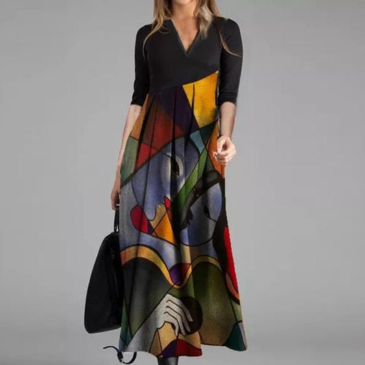 V Neck Elegant Print Maxi Dress