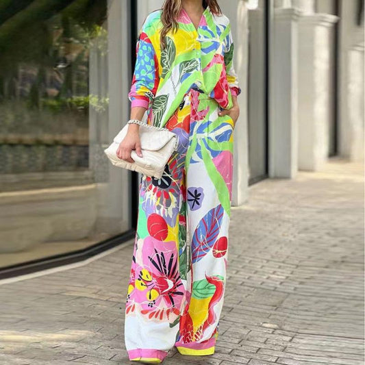 Lapel Long Sleeve Print 2pc Set