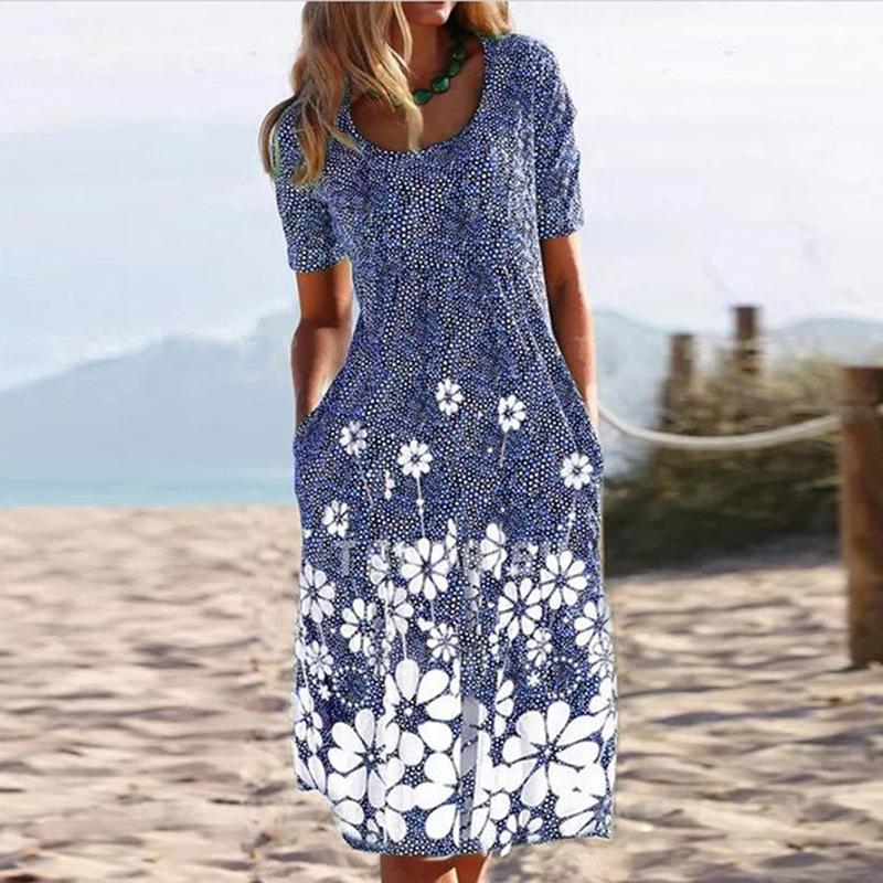 Casual Round Neck Vintage Floral Short Sleeve Dress