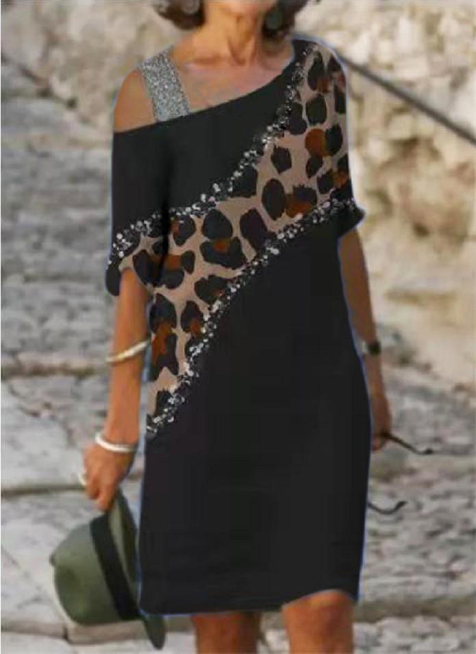 Sleek Shoulder Fashion Leopard Print Dress