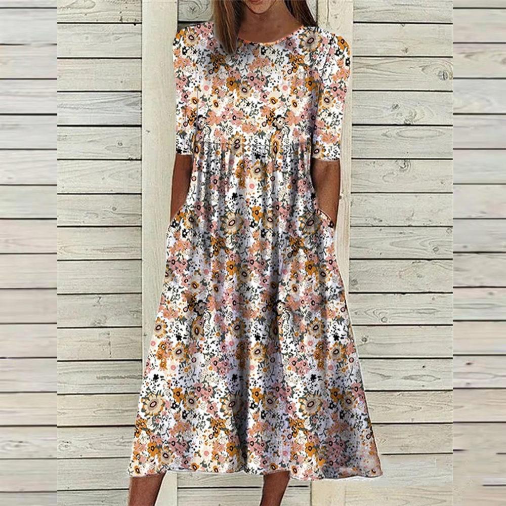 Mid-Sleeve Side Pocket Floral Print Dress