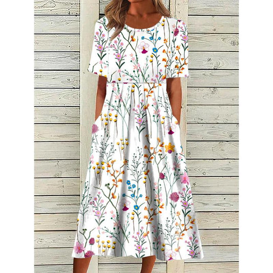 Trendy Floral Round Neck Midi Dress