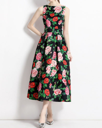 Red Flower vintage print dress