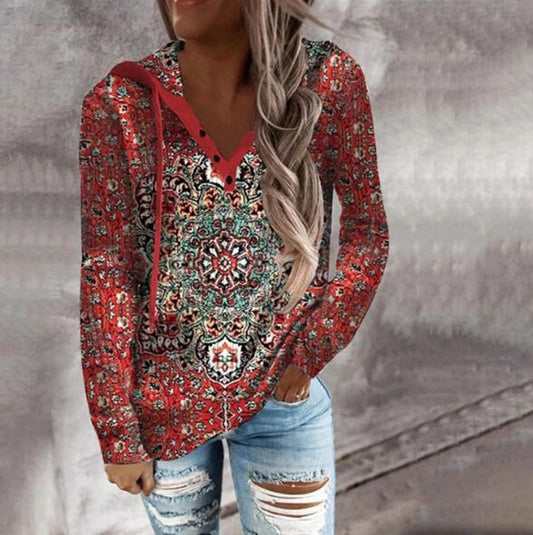 Ethnic Print Crew Neck Hooded Sweater