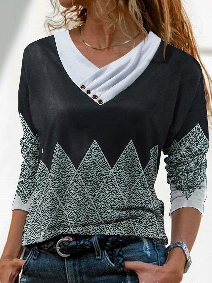 Cross V-Neck Button Printed Long Sleeve T-Shirt