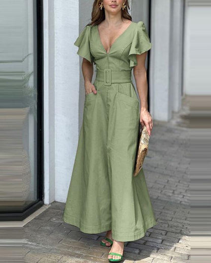 V-neck Solid Color Ruffled Sleeve Maxi Dress