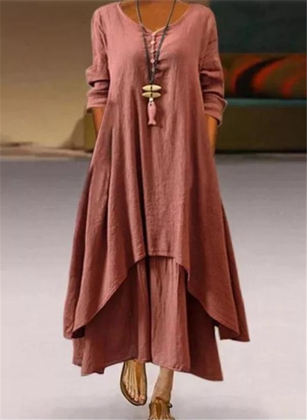 Solid Color Layered Hem Long Sleeve Dress