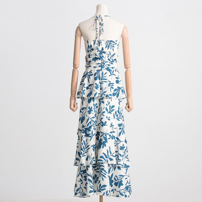 Printed halter V-neck ruffle dress