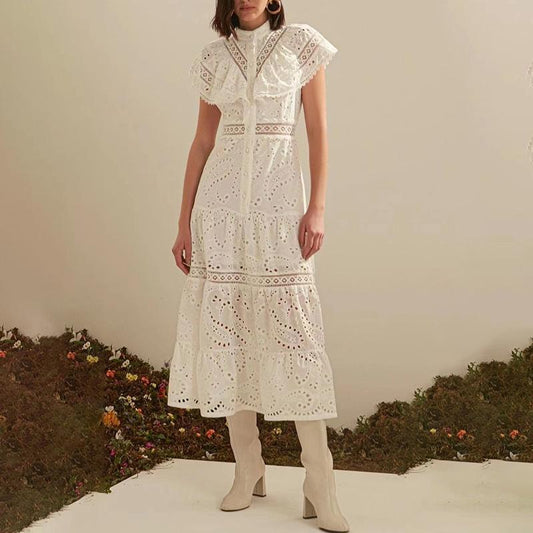 Ruffle Sleeve Single Breasted Lace Dress