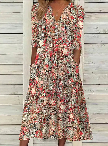 Red Floral Print Half Sleeve Midi Dress