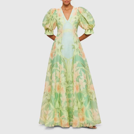 V-Neck Puff Sleeve Printed Maxi Dress