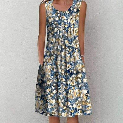 Crew Neck Sleeveless Pocket Print Casual Dress